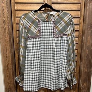 Entro Multicolor Plaid and Checkered Blouse Size Large Like New